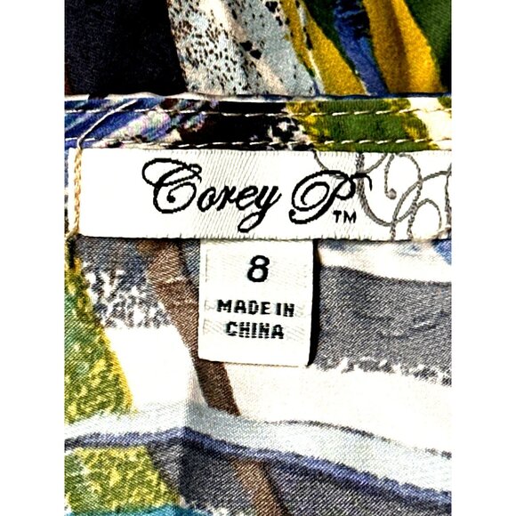 Corey P Size 8 Multicolor Abstract Print Dress V Neck Pleated Waist Modern Chic - Picture 7 of 10